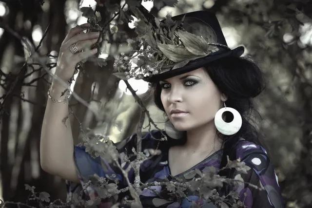 The ACROS portrait at 65% mix, with blue and purple returning in the dress and green in the leaves.
