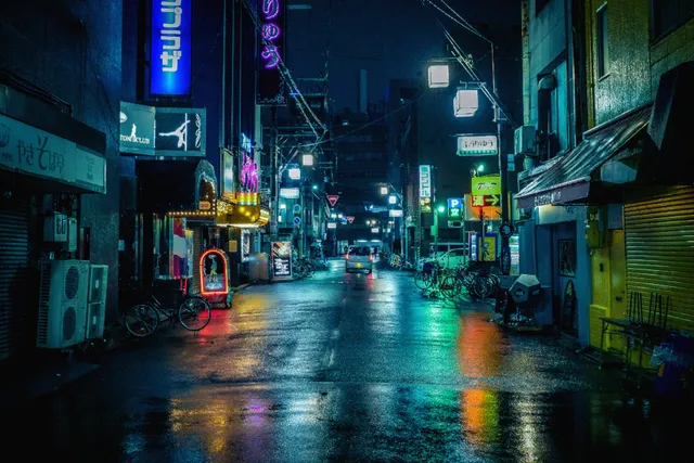 A rain-lit Japanese street with saturated blue, green and red signs after the Canon PowerShot G2 Vivid treatment.